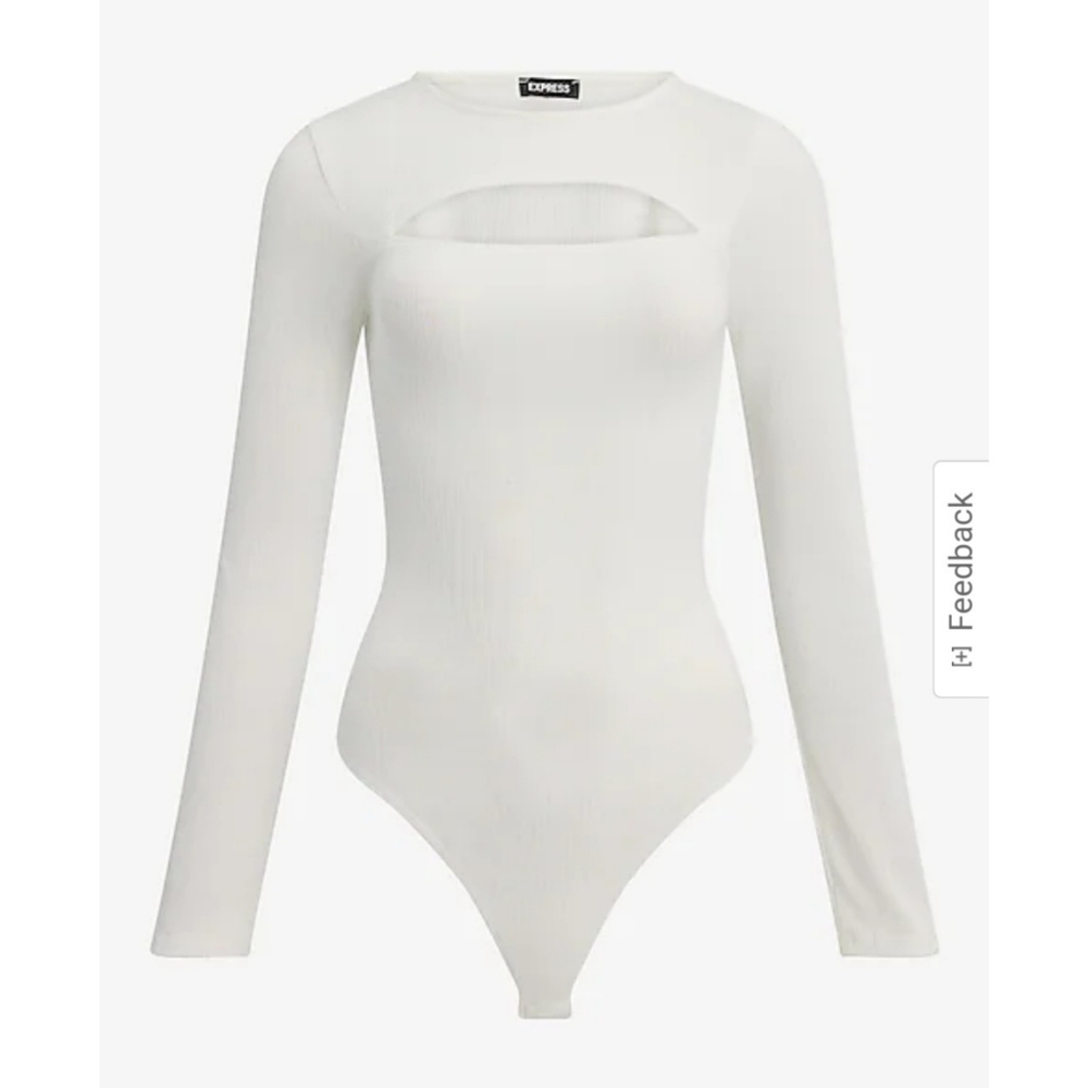 Express White Ribbed Long Sleeve Cutout Bodysuit